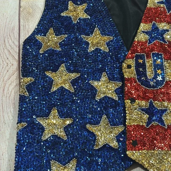 Vintage Y2K Patriotic Glitter Star Flag Sequin Waistcoat Button Vest - Picture 6 of 10
